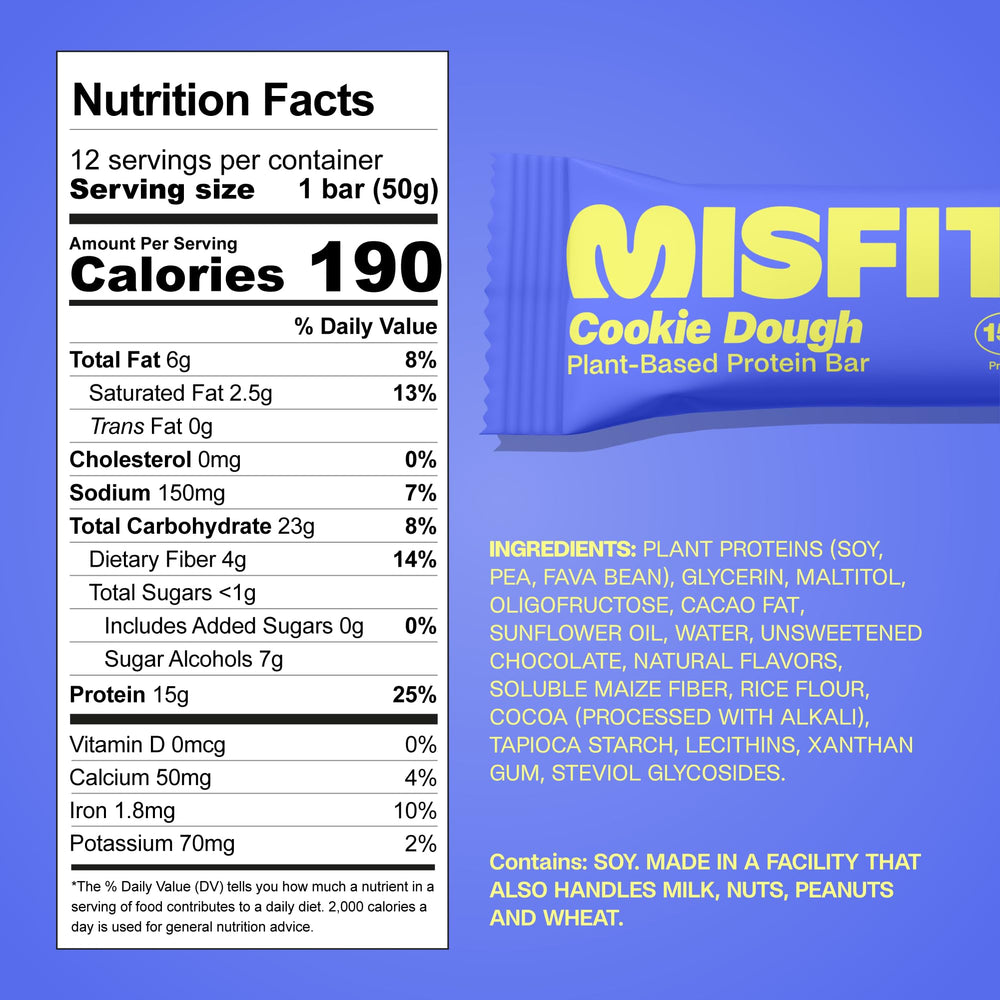 Misfits vegan cookie dough bar cross-section shows gooey center and caramel, post-workout pick