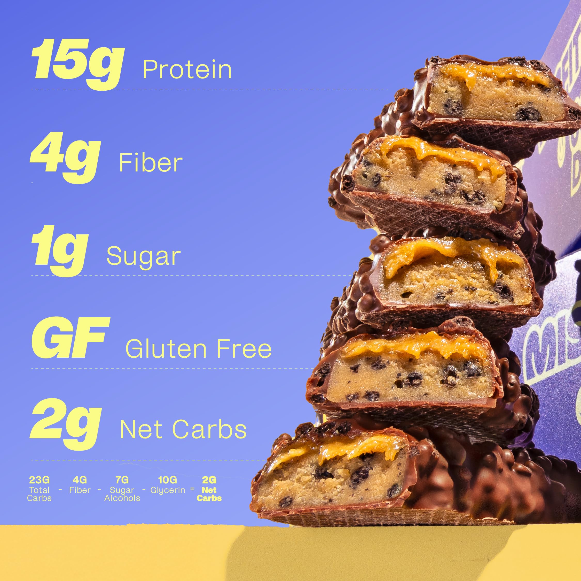 Misfits vegan cookie dough bar close-up with vanilla notes and cocoa crispies, ideal between meals