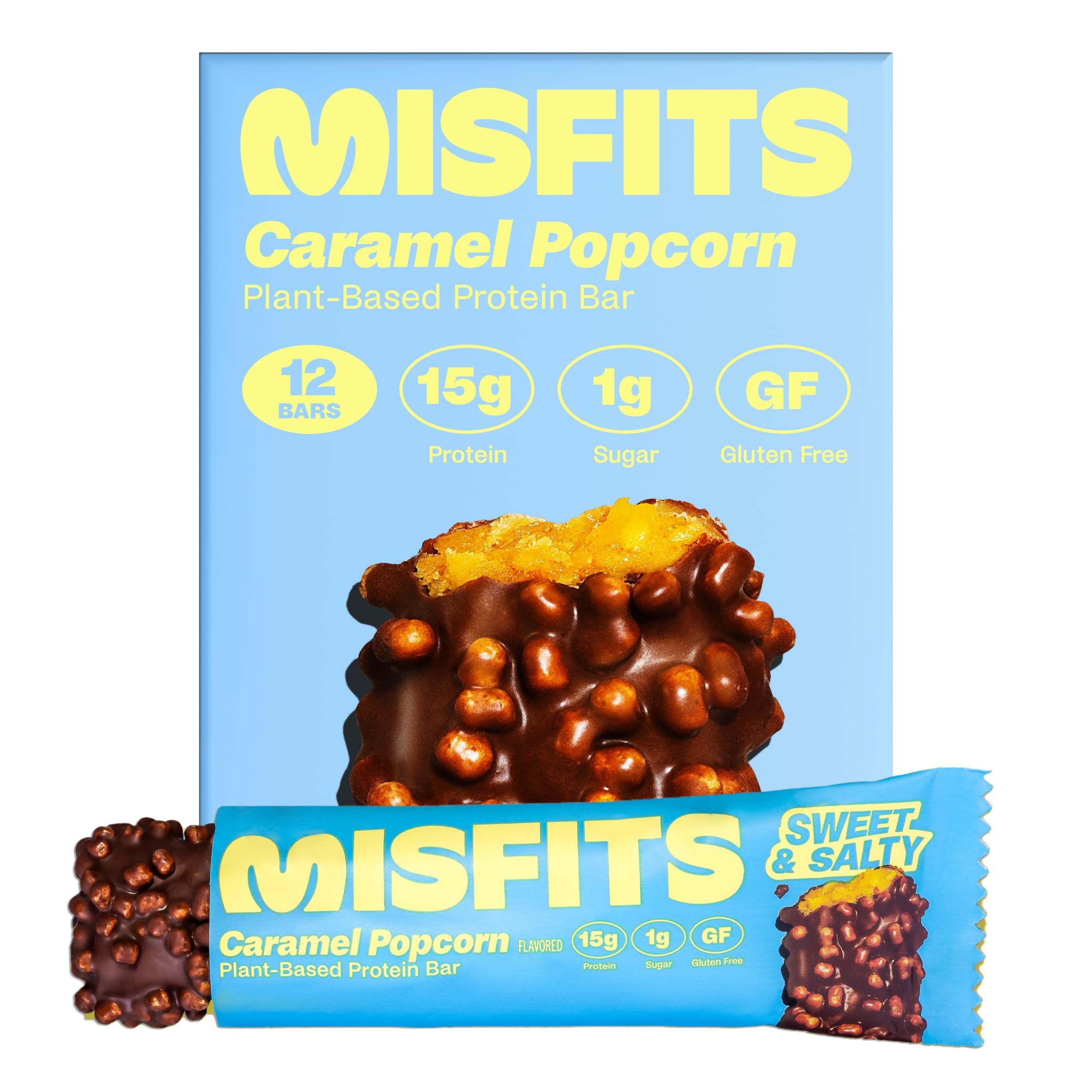 Misfits vegan protein bar with sweet-salty caramel popcorn for post-workout satisfaction