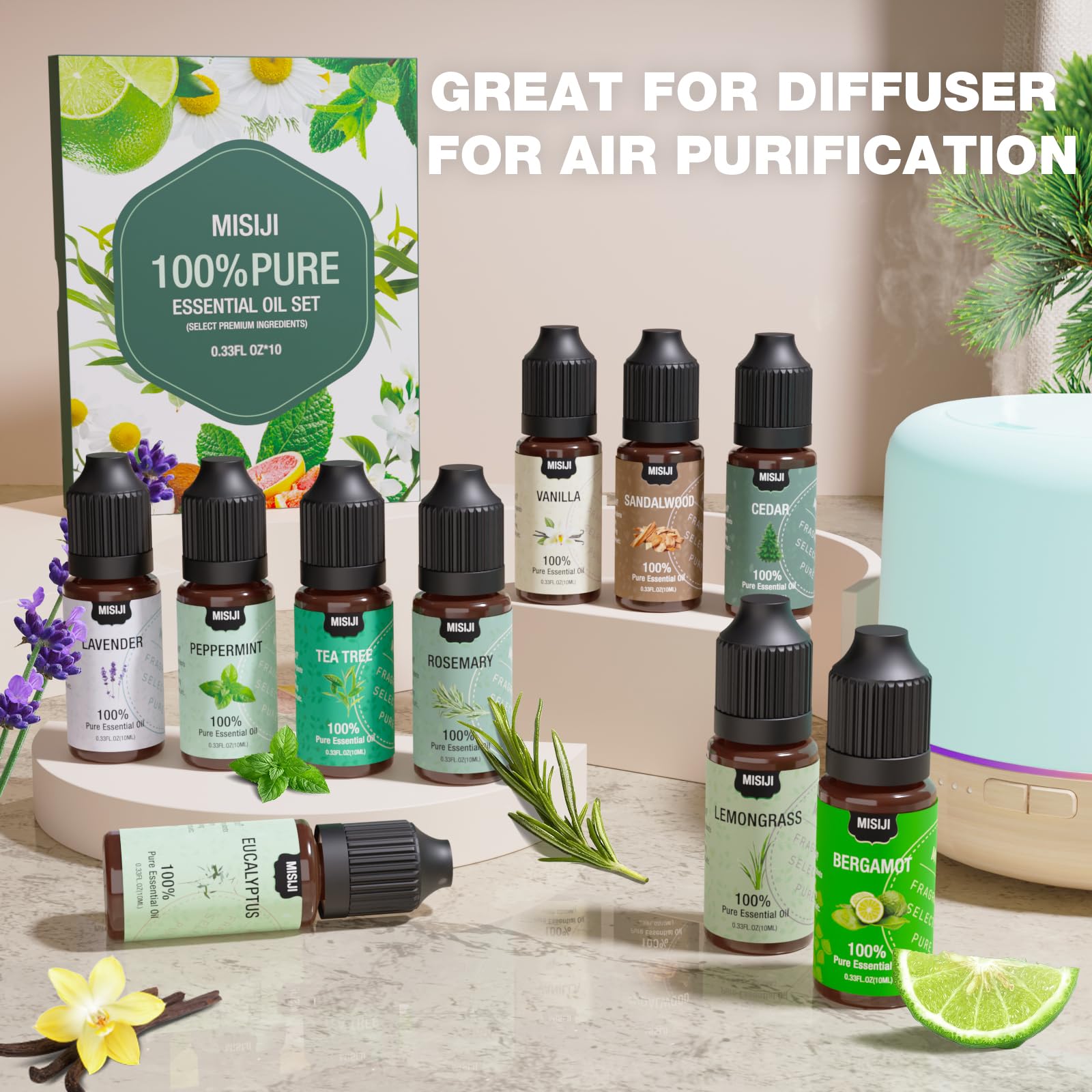 MISIJI diffuser-ready oils in use for easy room fragrance and mood setting.