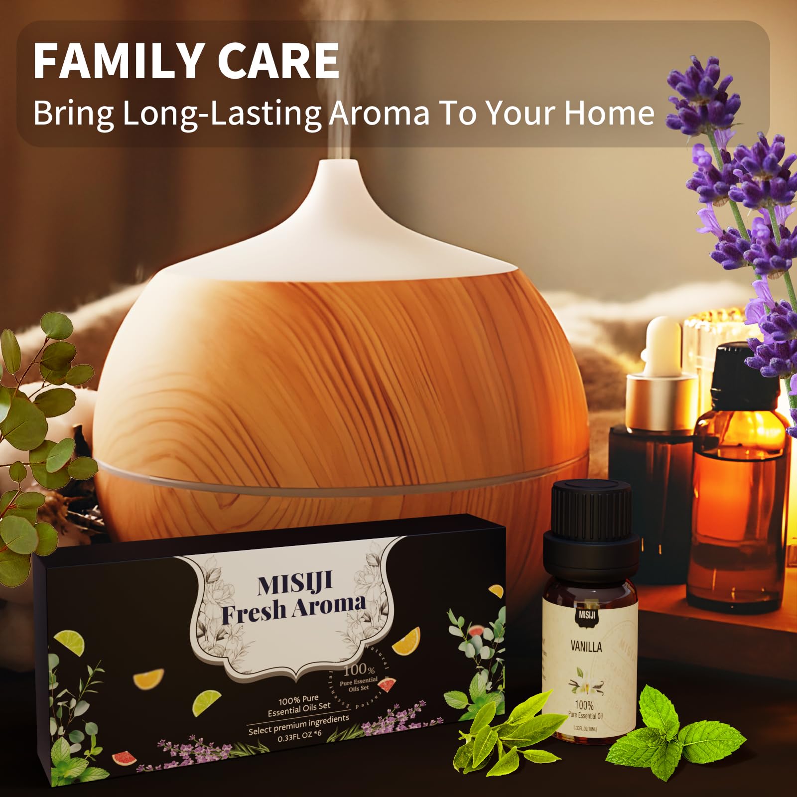 MISIJI diffuser scene showcases calming aromas filling a cozy room