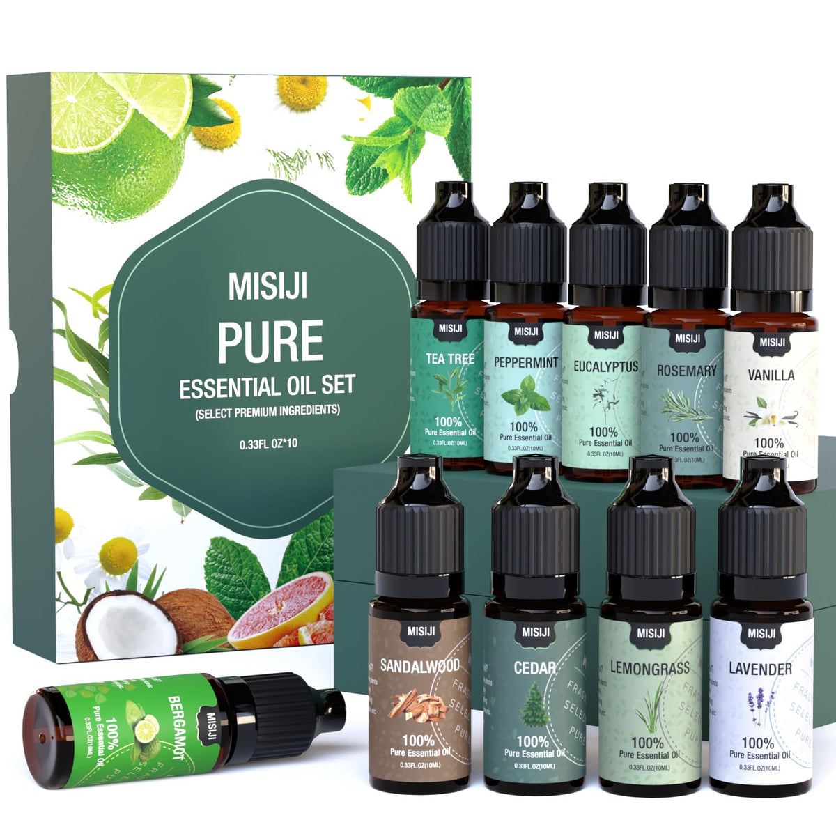 MISIJI essential oils set packaging, premium kit for home aromatherapy and crafting.