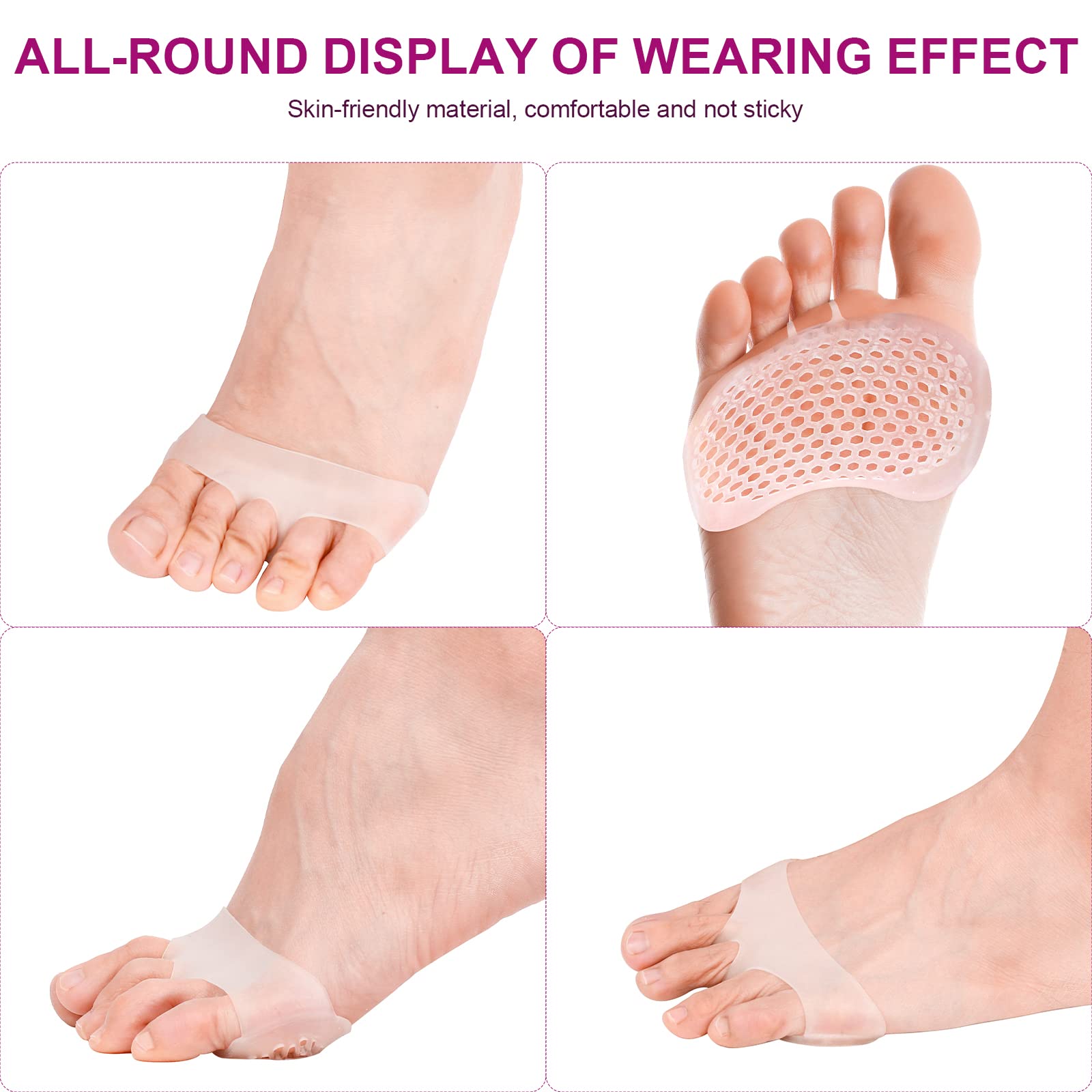 Misorita silicone forefoot pads feature a transparent, seamless look.