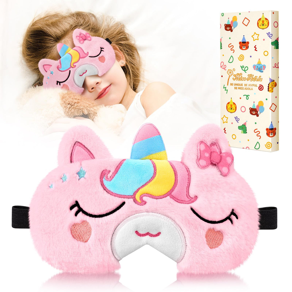 Miss Adola máscara de dormir suave para niños en peluche, descanso cómodo