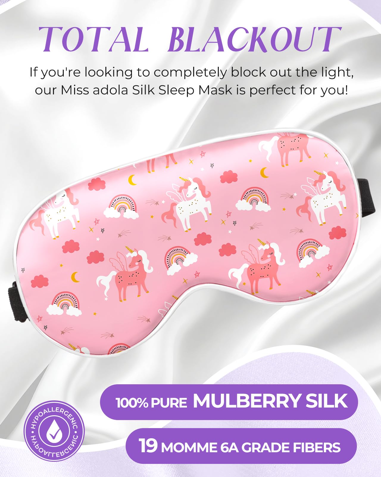 Miss Adola kids silk sleep mask uses 19 momme mulberry silk for skin-friendly nights.
