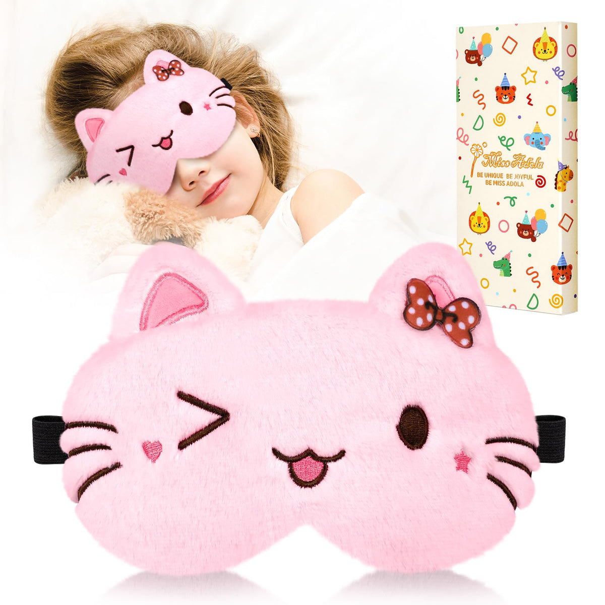 Miss Adola Sleep Mask for Kids with cat face plush ideal for bedtime.