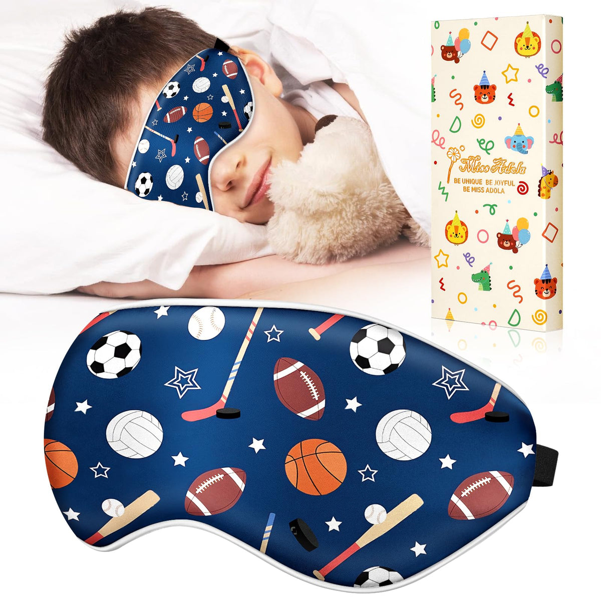 Miss Adola Kids Sleep Mask in soft silk with blue ballgame design for calm nights.