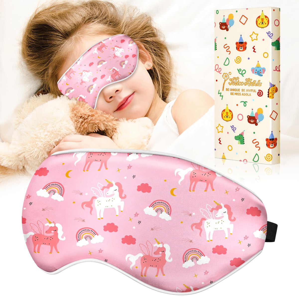 Miss Adola kid sleep mask with soft silk fabric for gentle skin comfort during sleep.