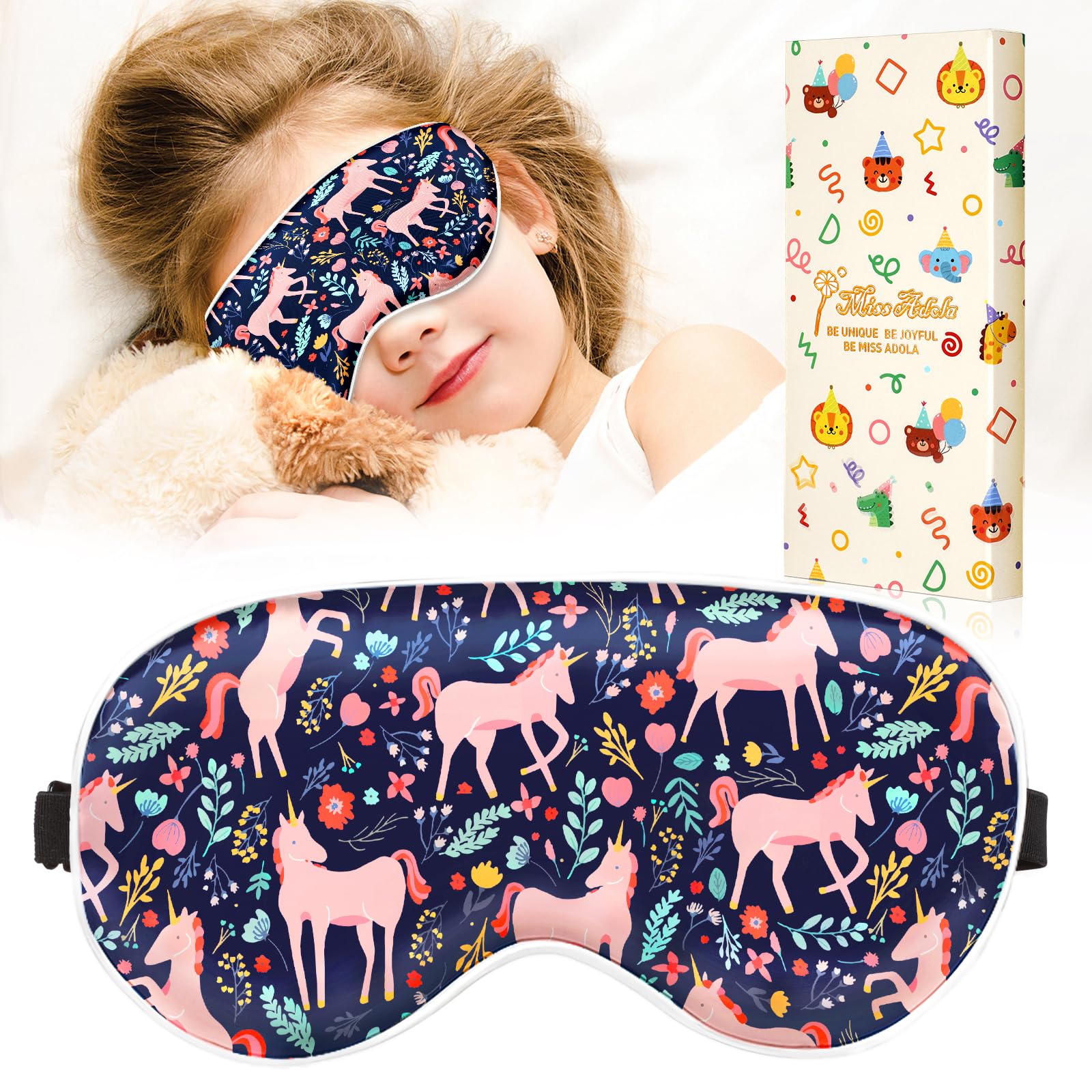 Miss Adola Sleep Mask for Kids with unicorn and flower design for gentle nighttime rest.