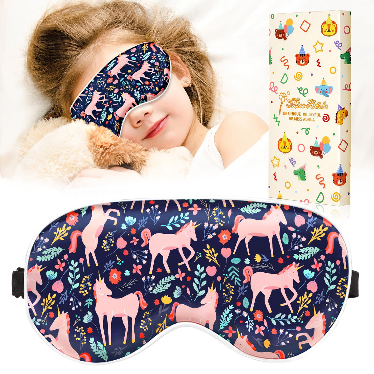 Miss Adola Sleep Mask for Kids with unicorn and flower design for gentle nighttime rest.