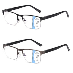Missfive two-pack progressive reading glasses with a slim semi-rimless frame for desk reading.
