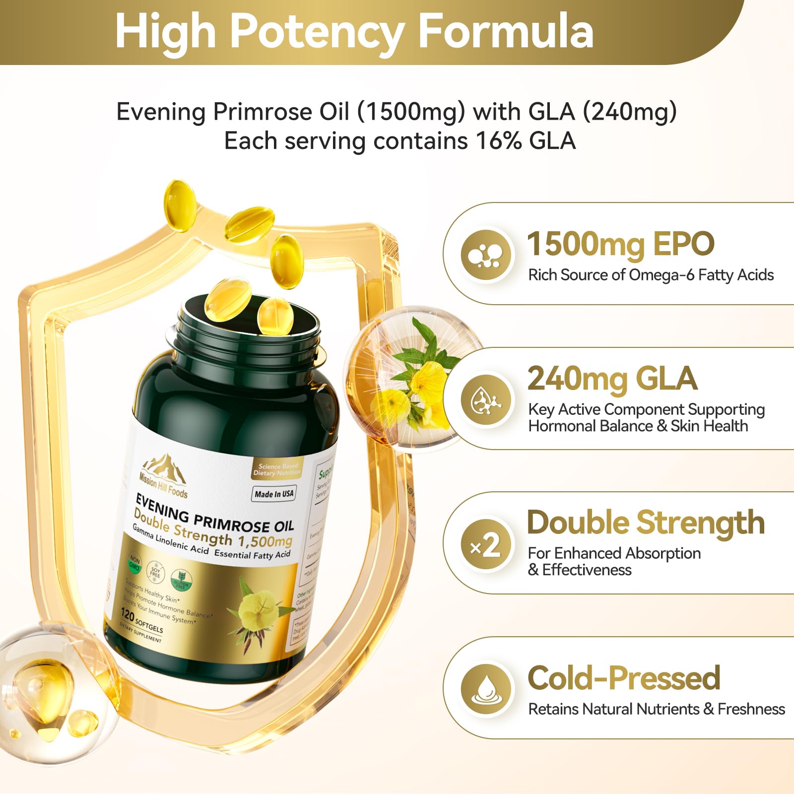 Mission Hill Foods evening primrose oil softgels showcasing high GLA benefits for wellbeing.