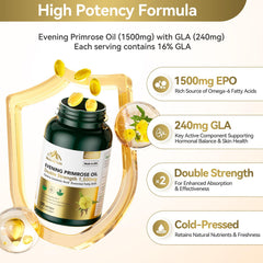 Mission Hill Foods evening primrose oil softgels showcasing high GLA benefits for wellbeing.
