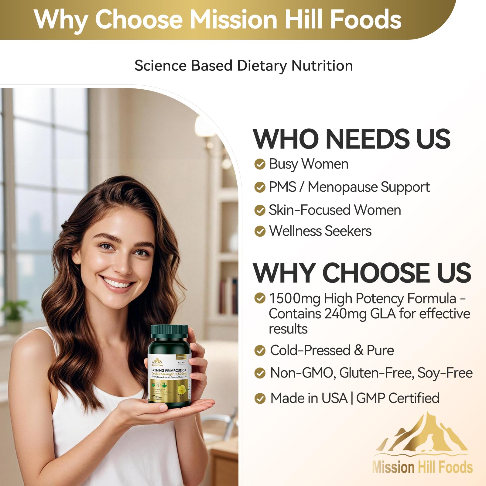 Mission Hill Foods hormonal balance focus with bottle imagery for daily wellness.