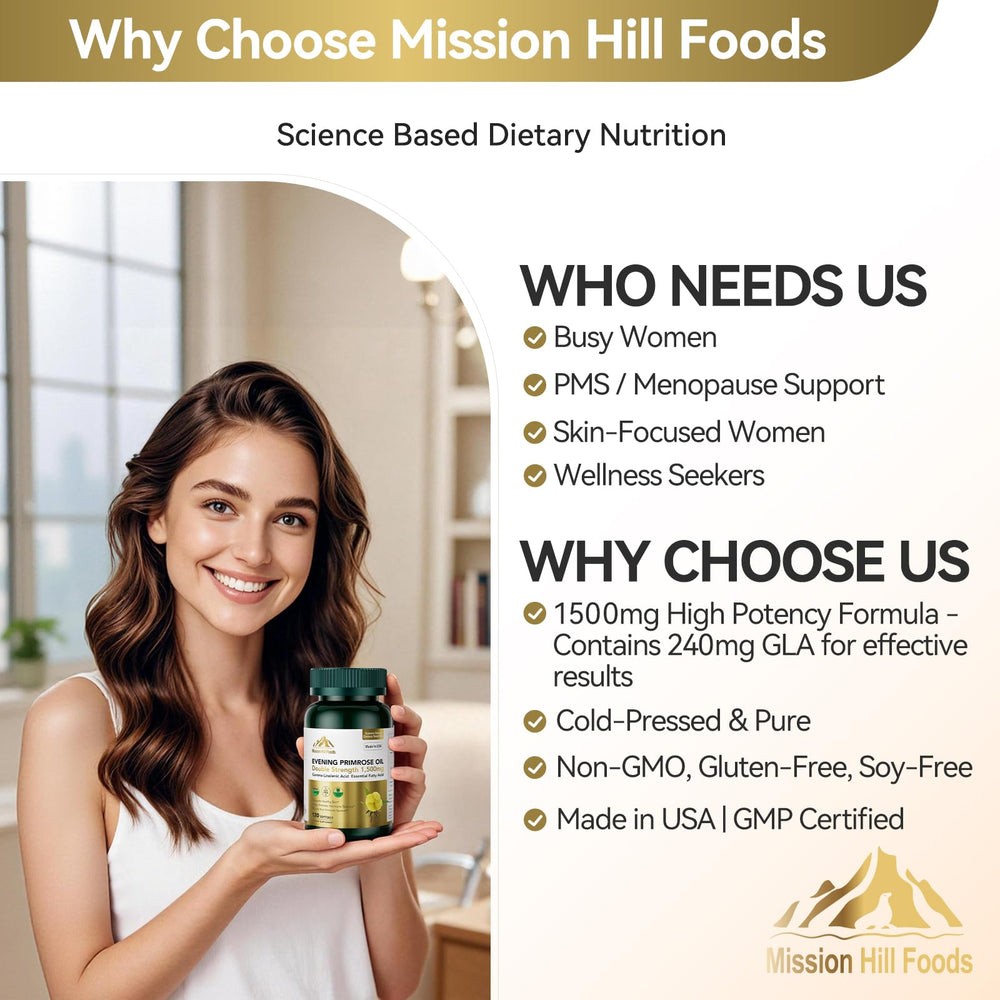 Mission Hill Foods hormonal balance focus with bottle imagery for daily wellness.
