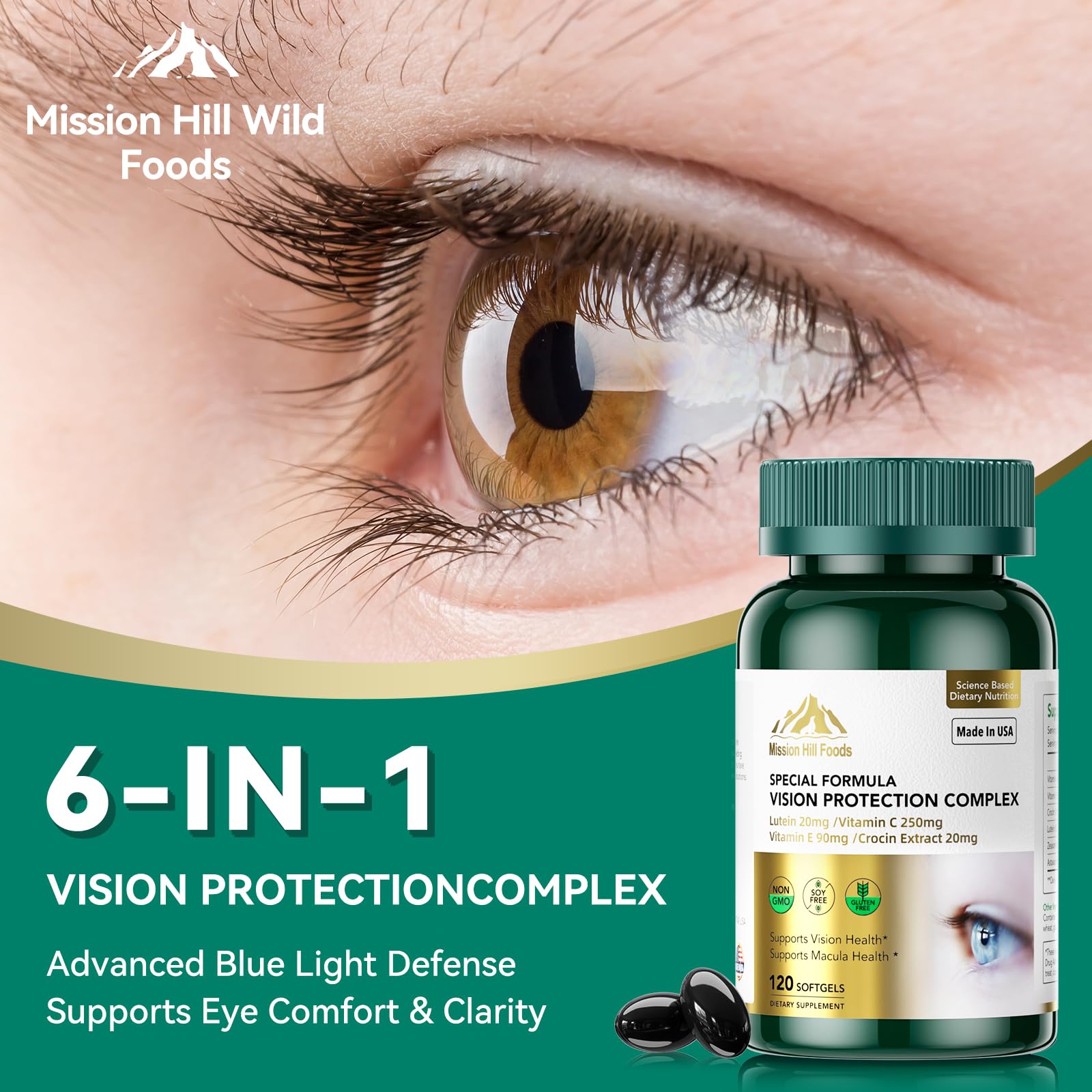 Mission Hill Foods Lutein softgels close-up highlighting lutein and zeaxanthin