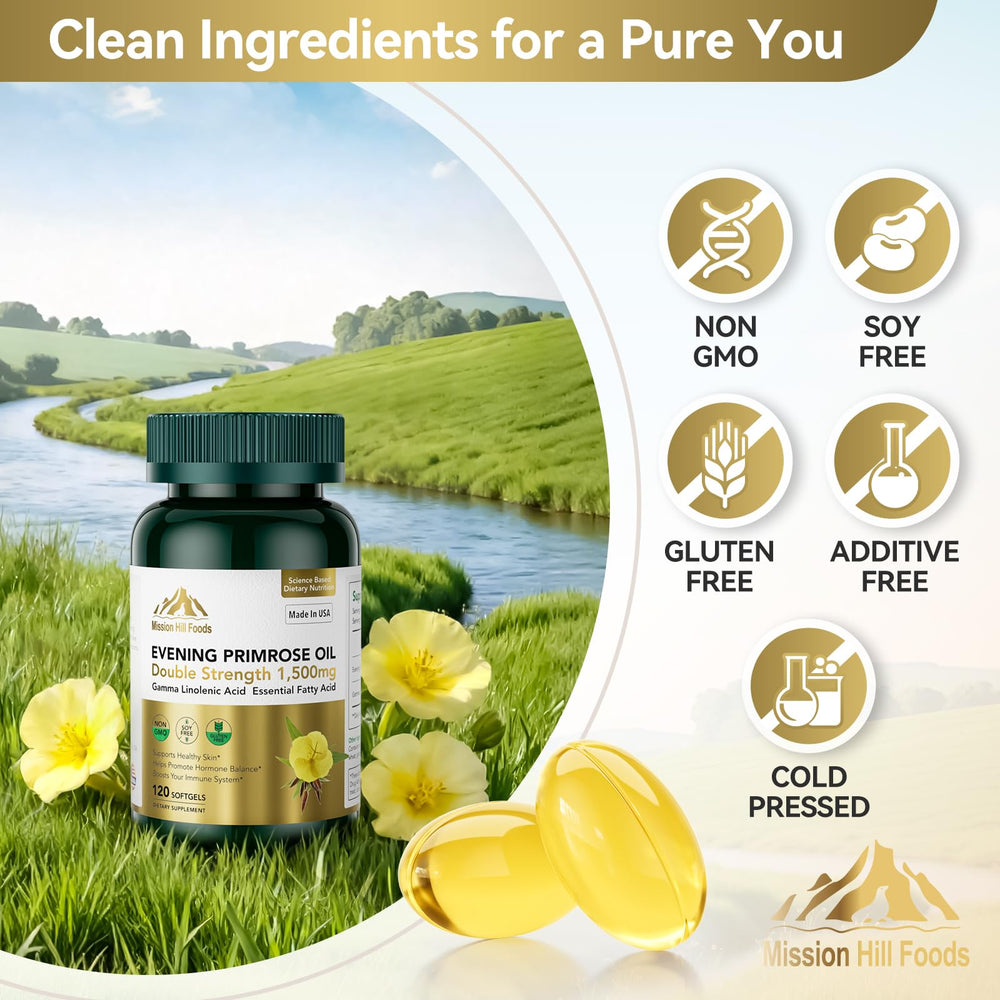 Mission Hill Foods non-GMO gluten-free primrose oil capsules seal on bottle.