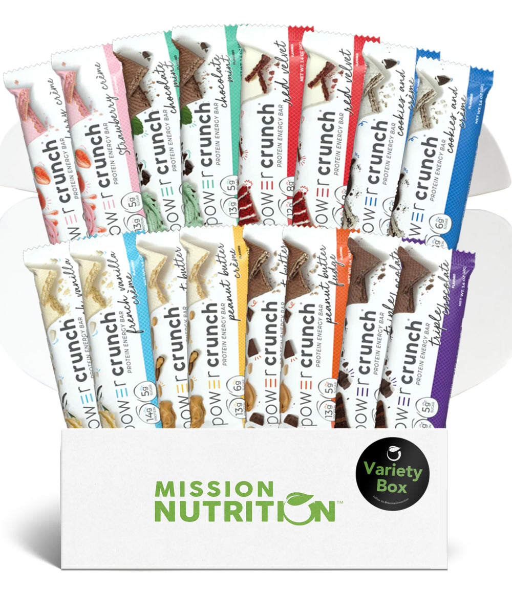Mission Nutrition Power Crunch Variety Box front view, high-protein snack on the go