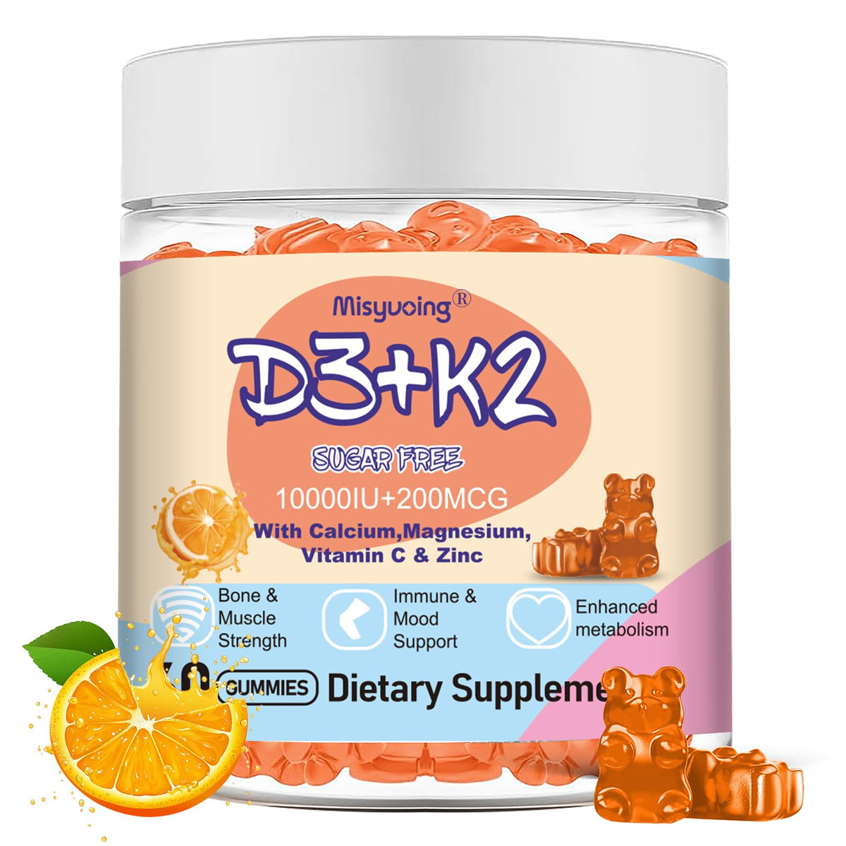 Misyvoing Vitamin D3 K2 orange bottle promotes bone and immune support.