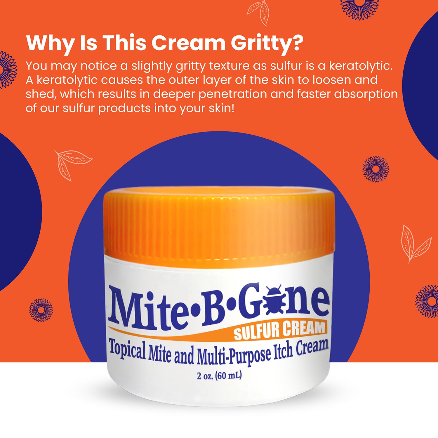 Mite-B-Gone cream jar closeup highlights sulfur-based formula texture.
