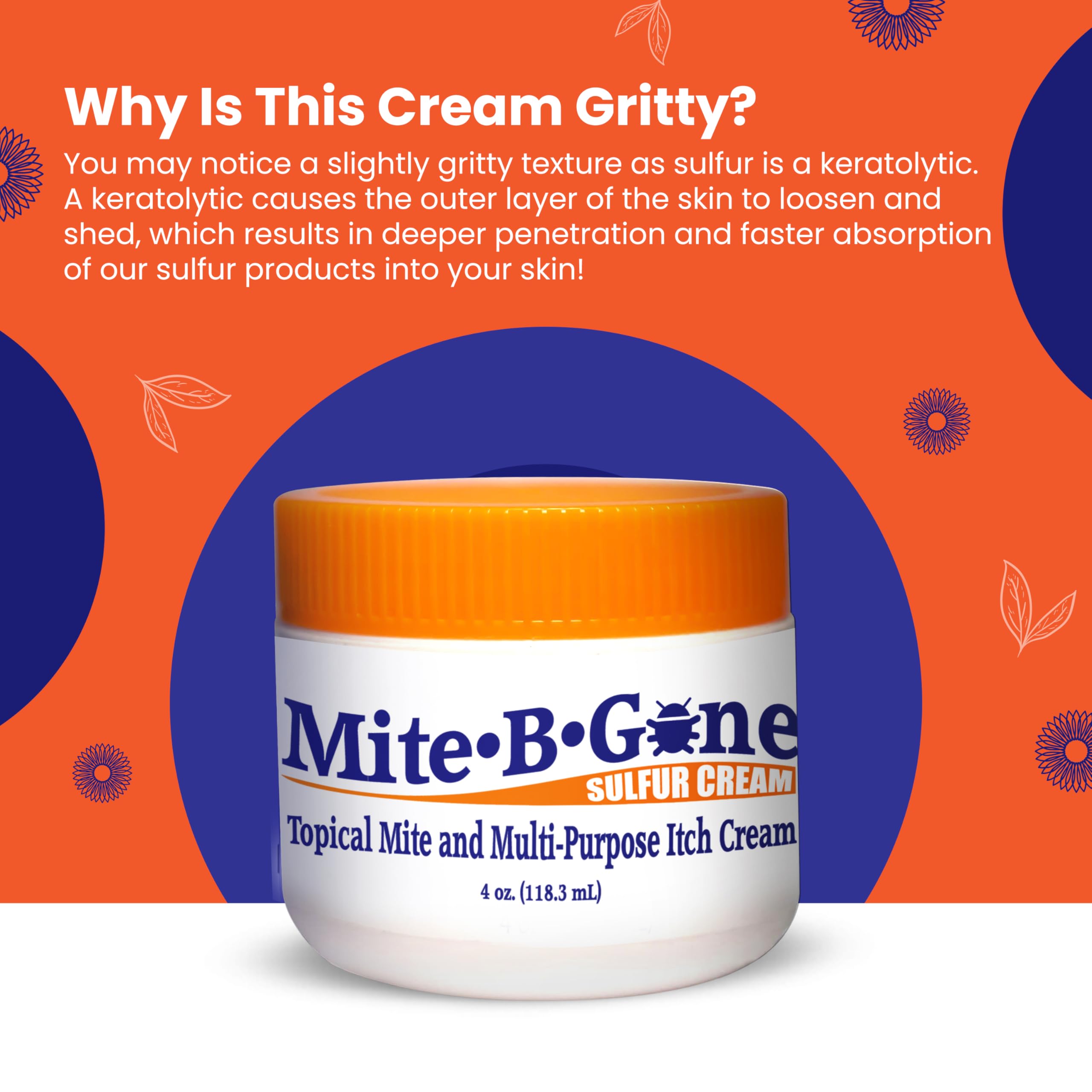 Mite-B-Gone cream label closeup featuring USA-made and natural ingredients