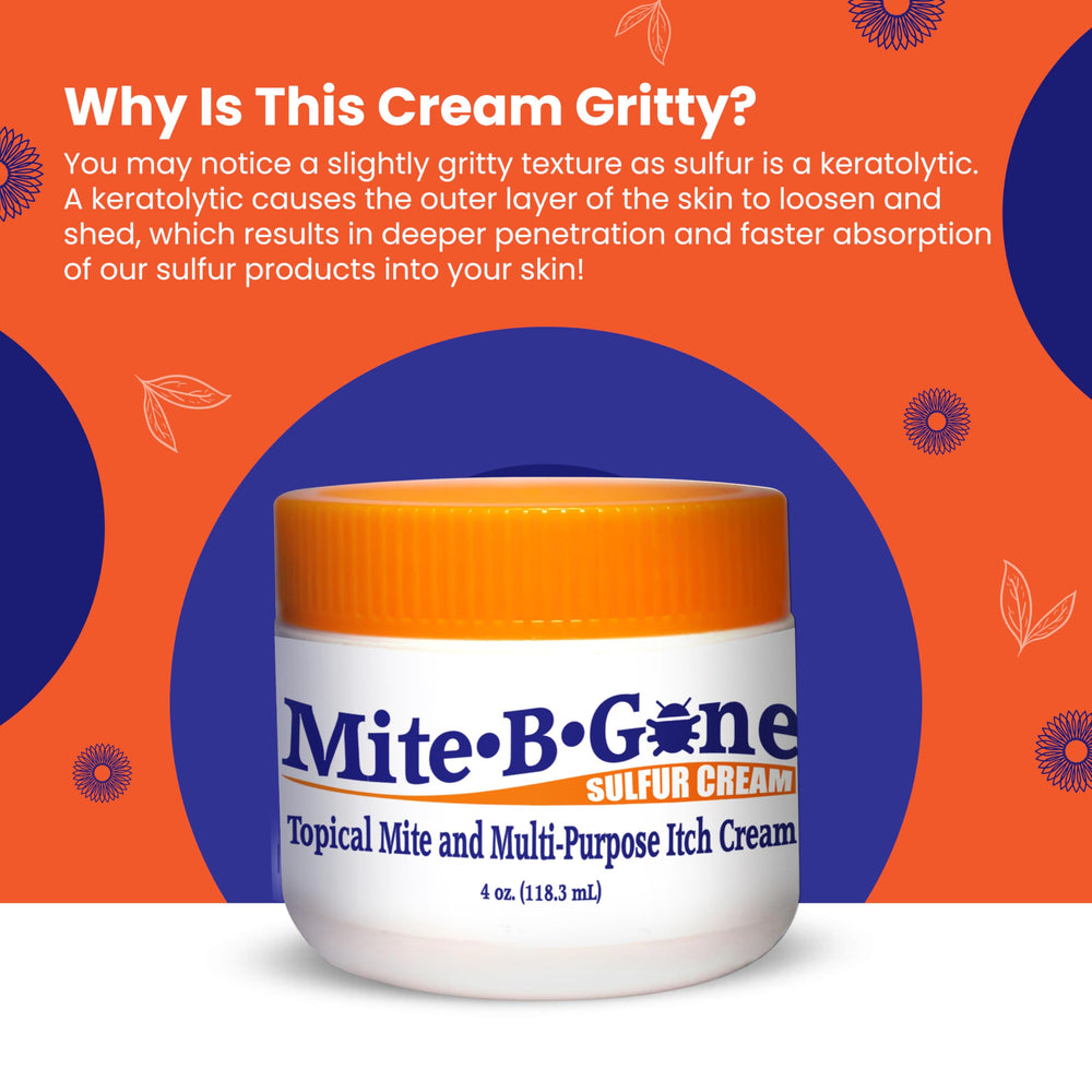 Mite-B-Gone cream label closeup featuring USA-made and natural ingredients