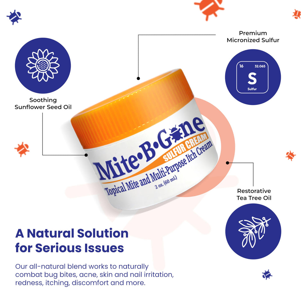 Mite-B-Gone cream swirl texture suggests gentle daily application.