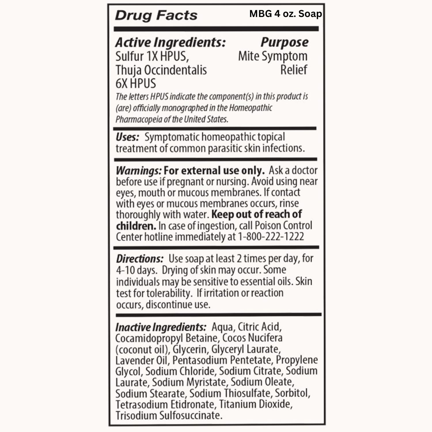 Mite-B-Gone Relief Soap ingredients label featuring natural botanicals