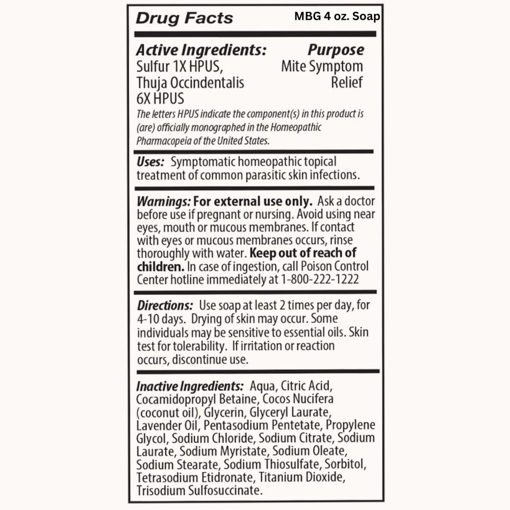 Mite-B-Gone Relief Soap ingredients label featuring natural botanicals