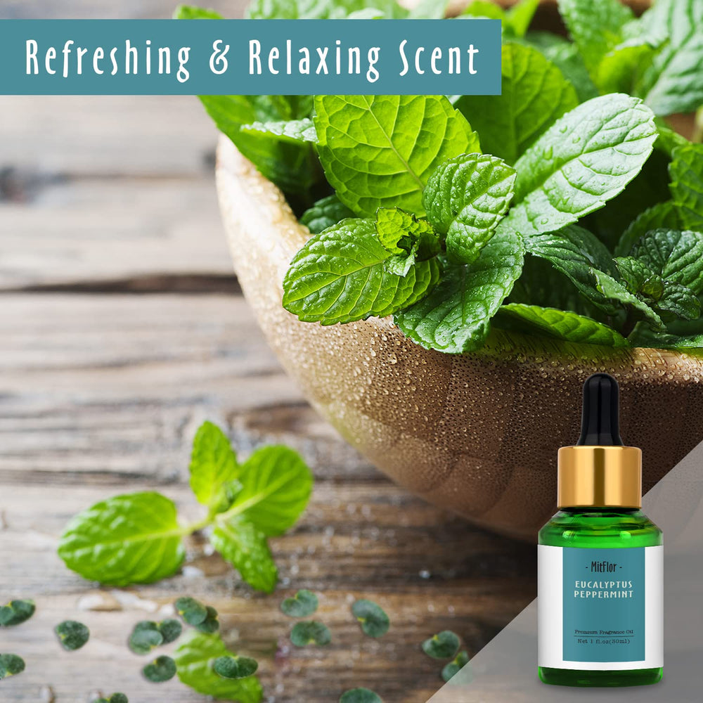 MitFlor Eucalyptus Peppermint fragrance oil label closeup showing purity and safety