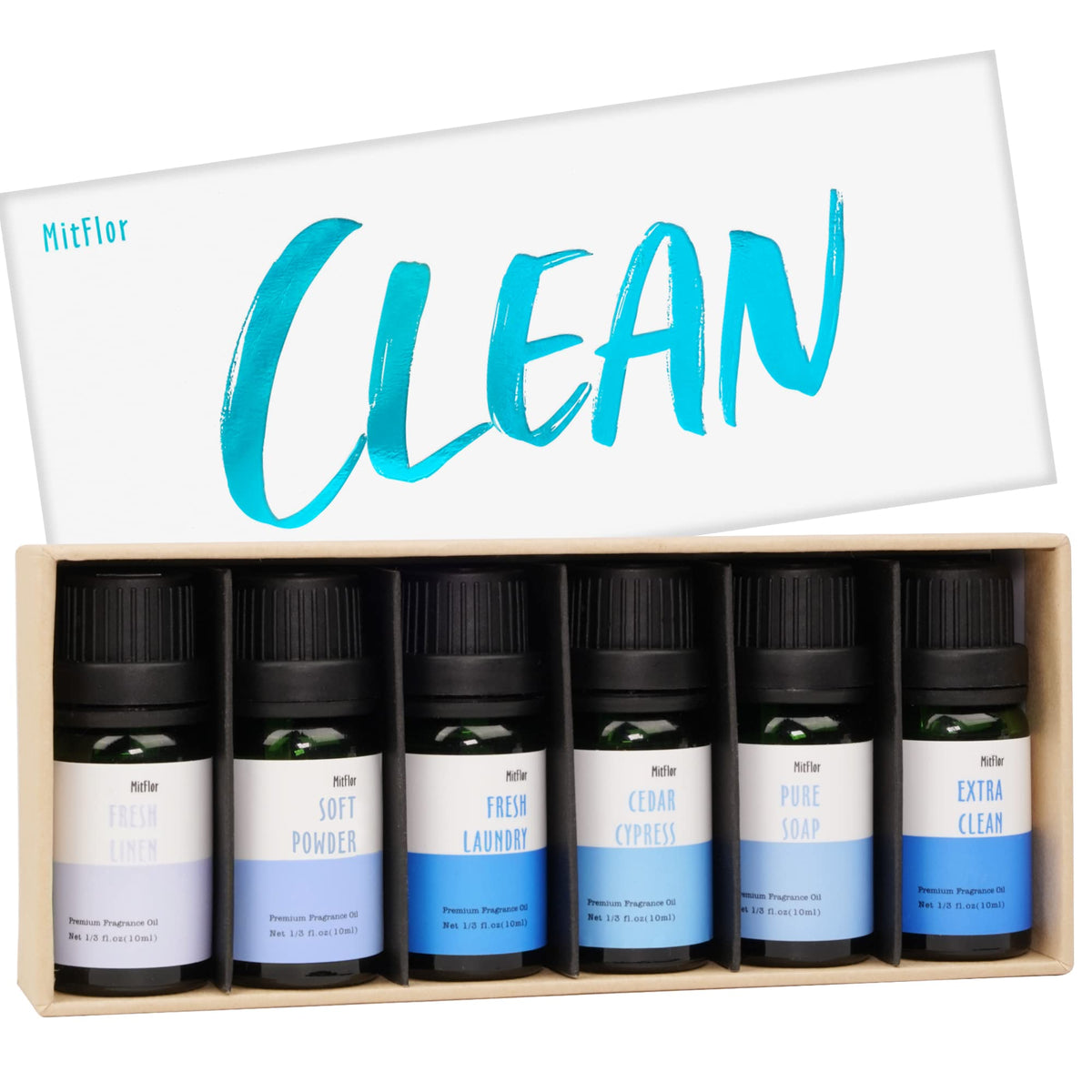 MitFlor Fresh Linen fragrance oil bottle for diffusers, delivering a crisp, airy aroma