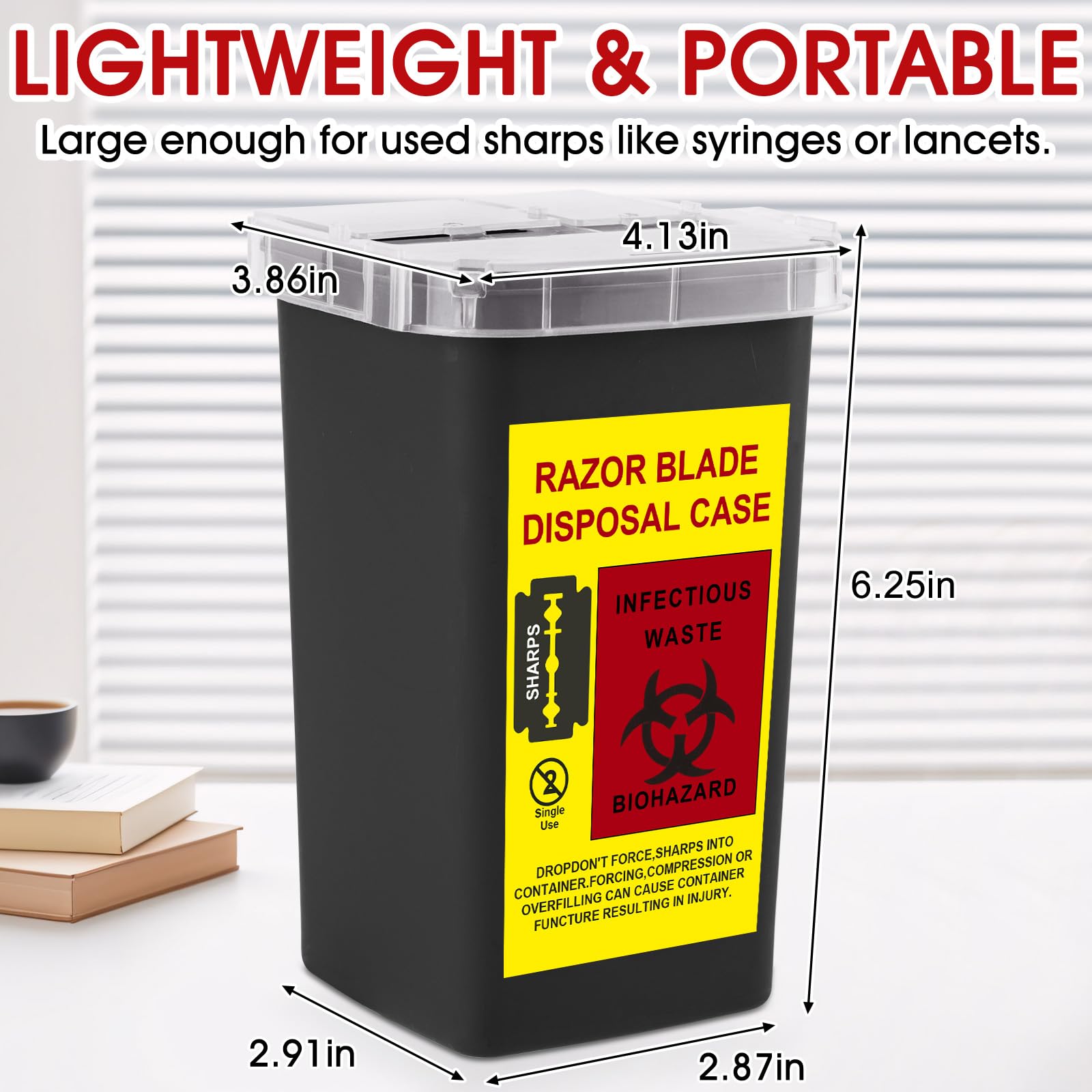 MITINU sharps container lid open shows easy access for safe disposal.