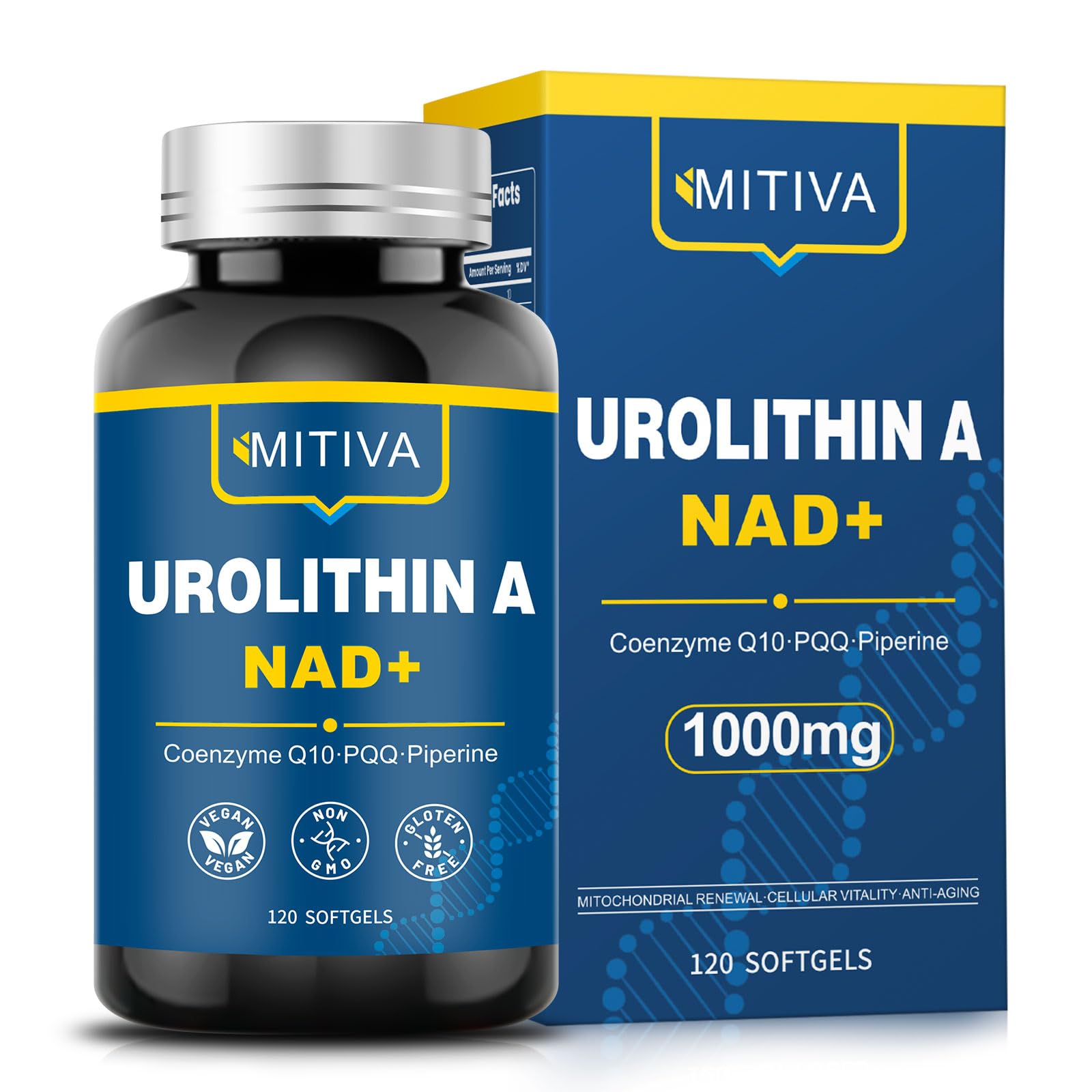 MITIVA Urolithin A bottle with 120 softgels for daily energy support