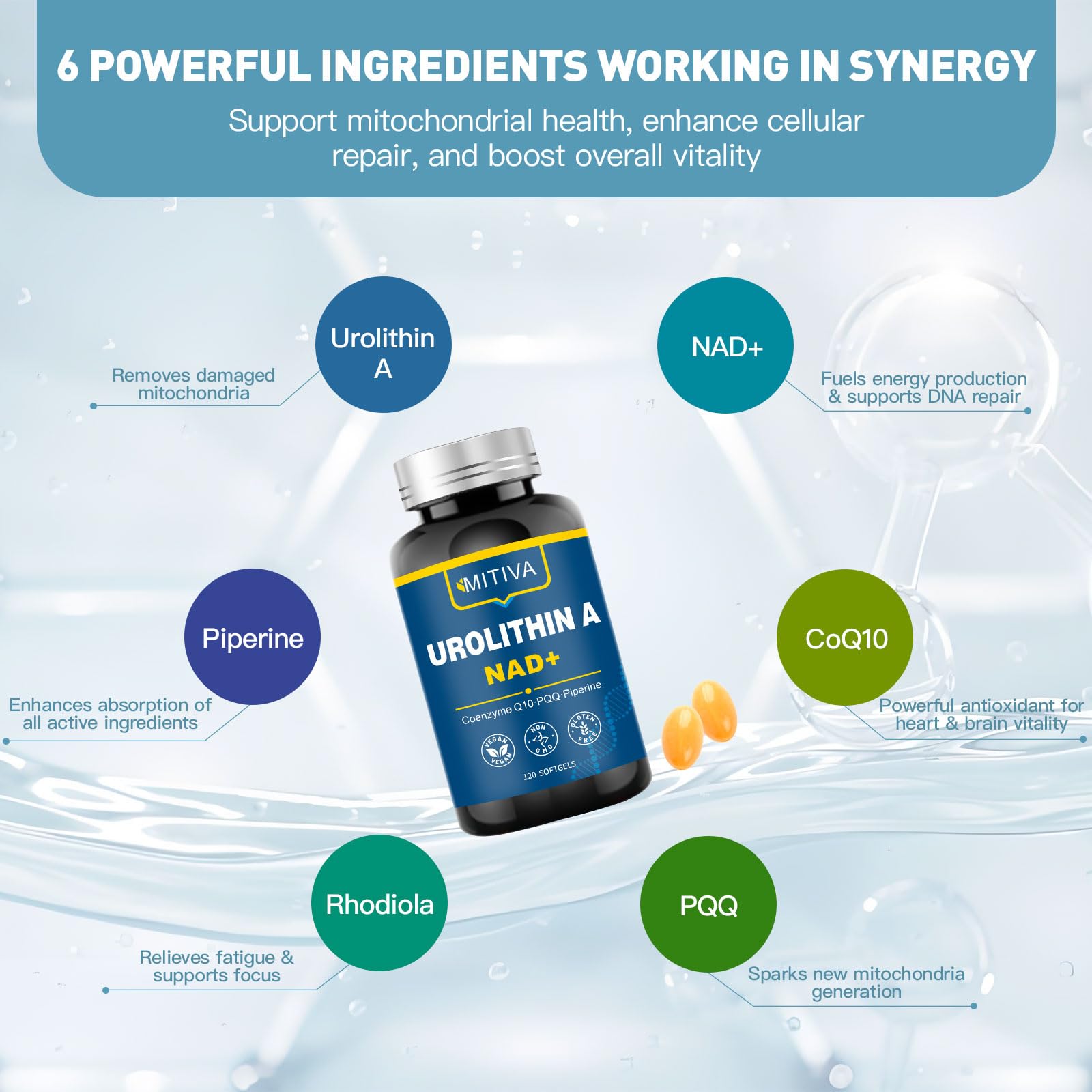 MITIVA Urolithin A softgels closeup showing vegan formula