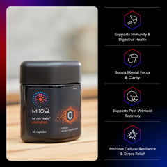 MitoQ Curcumin Advanced capsules on white background highlighting bioavailable antioxidant formula.