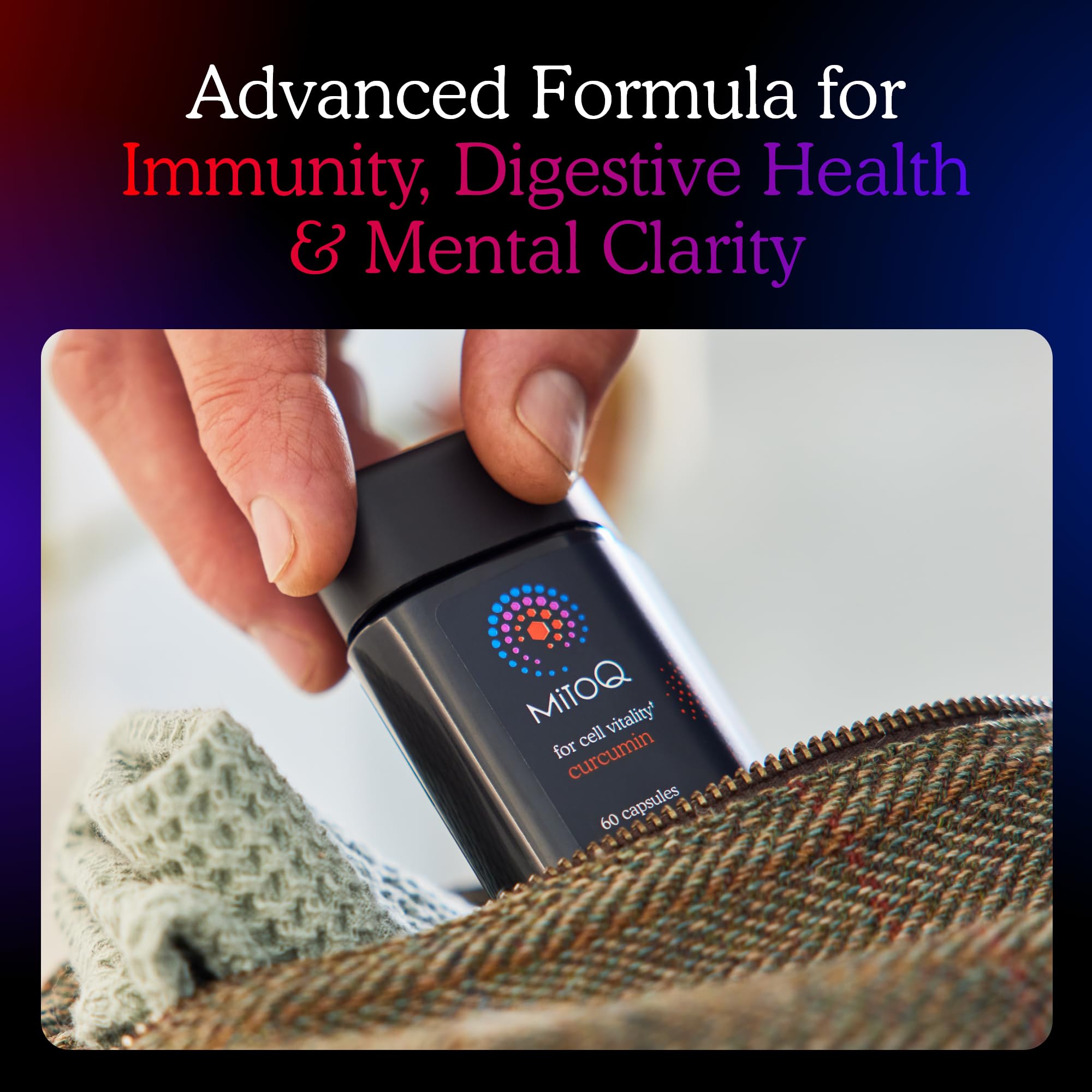 MitoQ Curcumin Advanced label close-up with GMP and purity details.