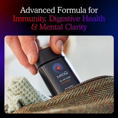 MitoQ Curcumin Advanced label close-up with GMP and purity details.