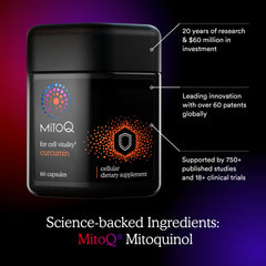 MitoQ Curcumin Advanced packaging with clean design implying trusted mitochondrial support.