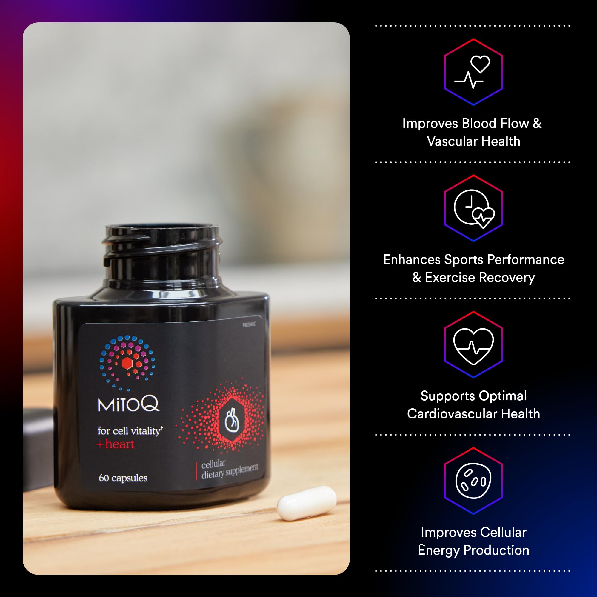 MitoQ +Heart Premium bottle label close-up shows vitamin D3 and magnesium for heart health.