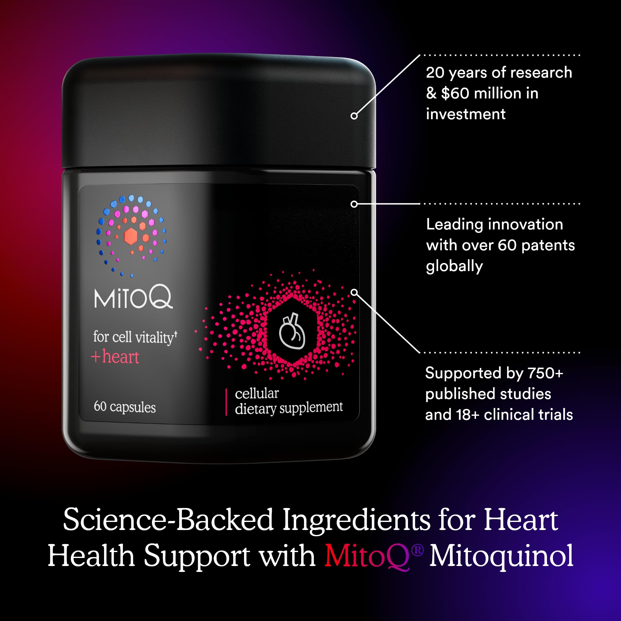 MitoQ +Heart Premium cap and bottle pour demonstrates convenient dispensing.
