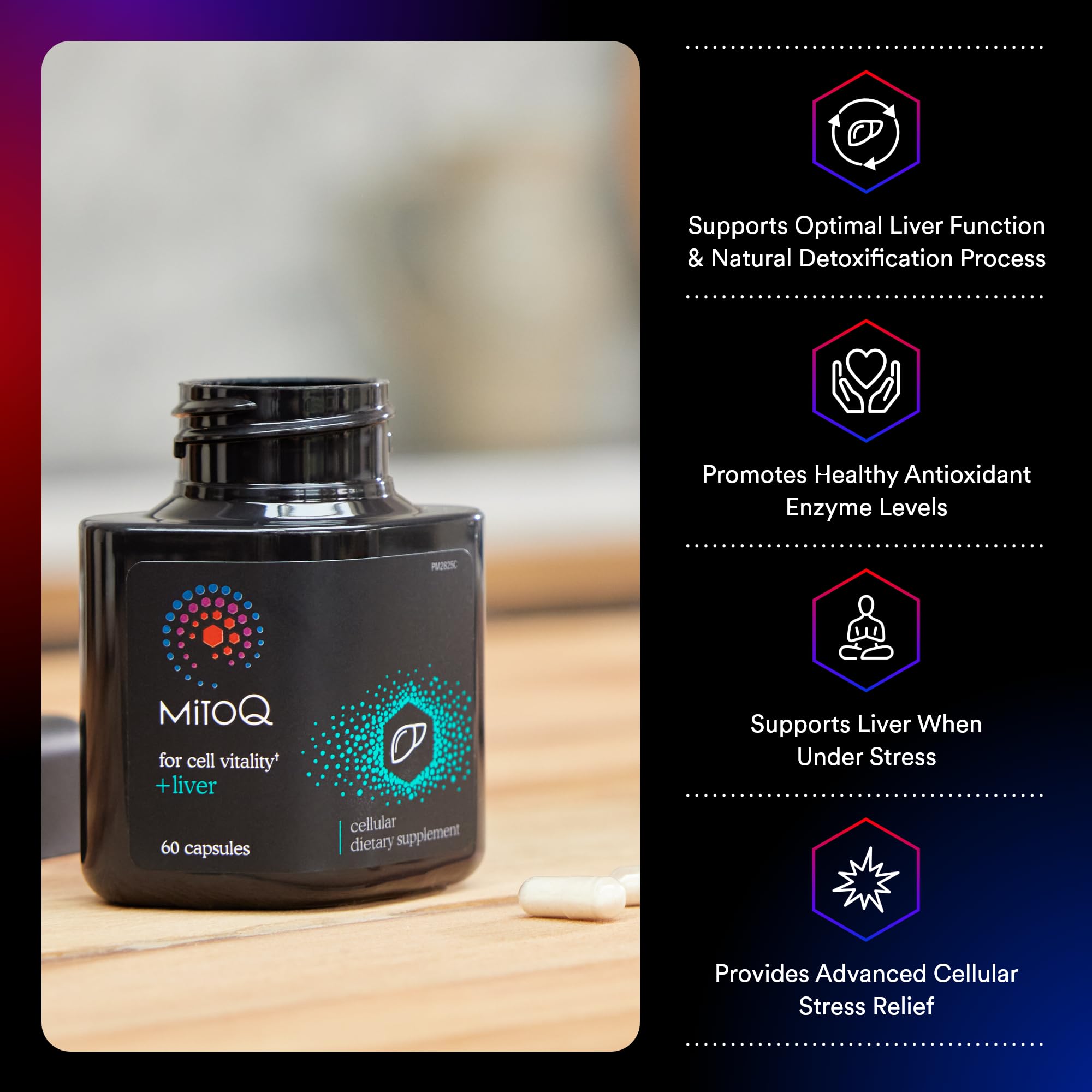 MitoQ Liver bottle label highlights vegan, gluten-free, GMP-certified quality