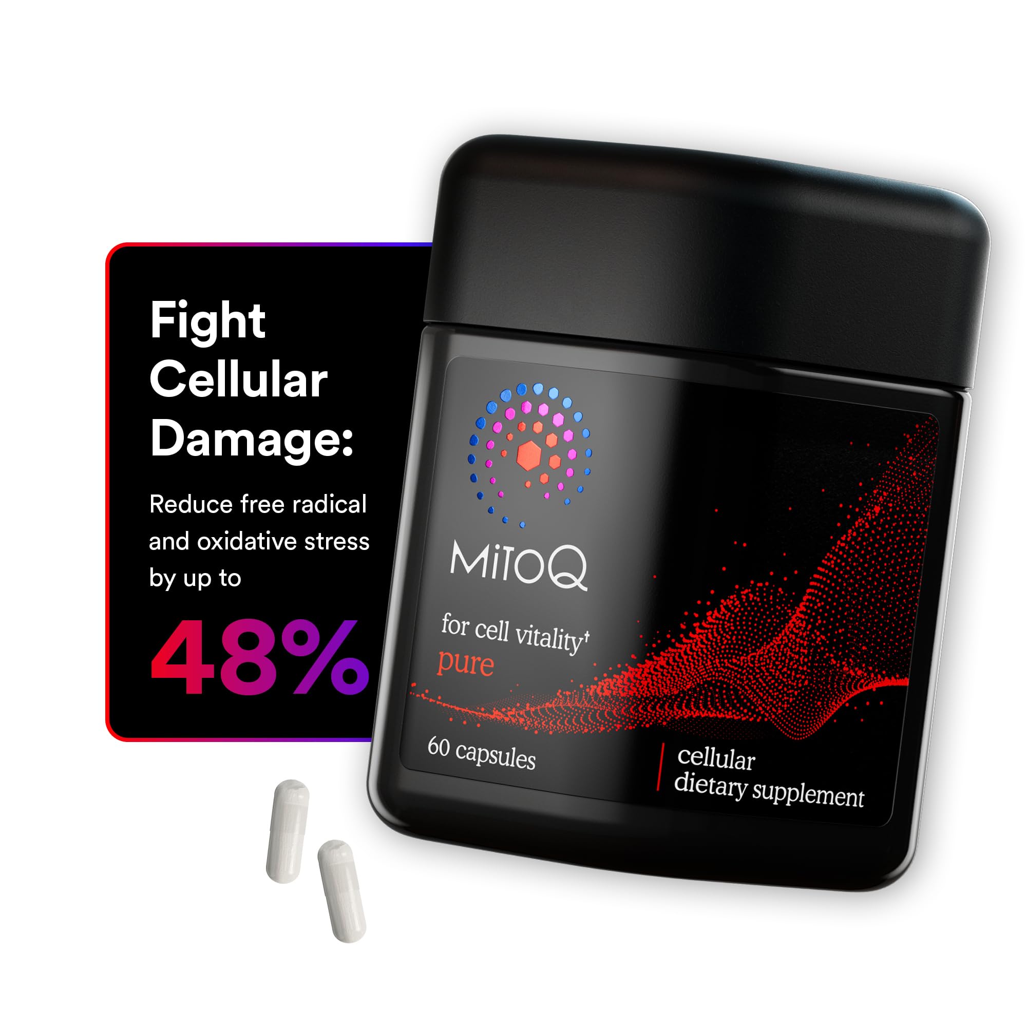 MitoQ Pure bottle front view highlighting compact, daily-use design