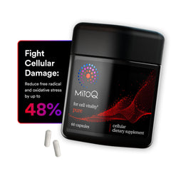 MitoQ Pure bottle front view highlighting compact, daily-use design
