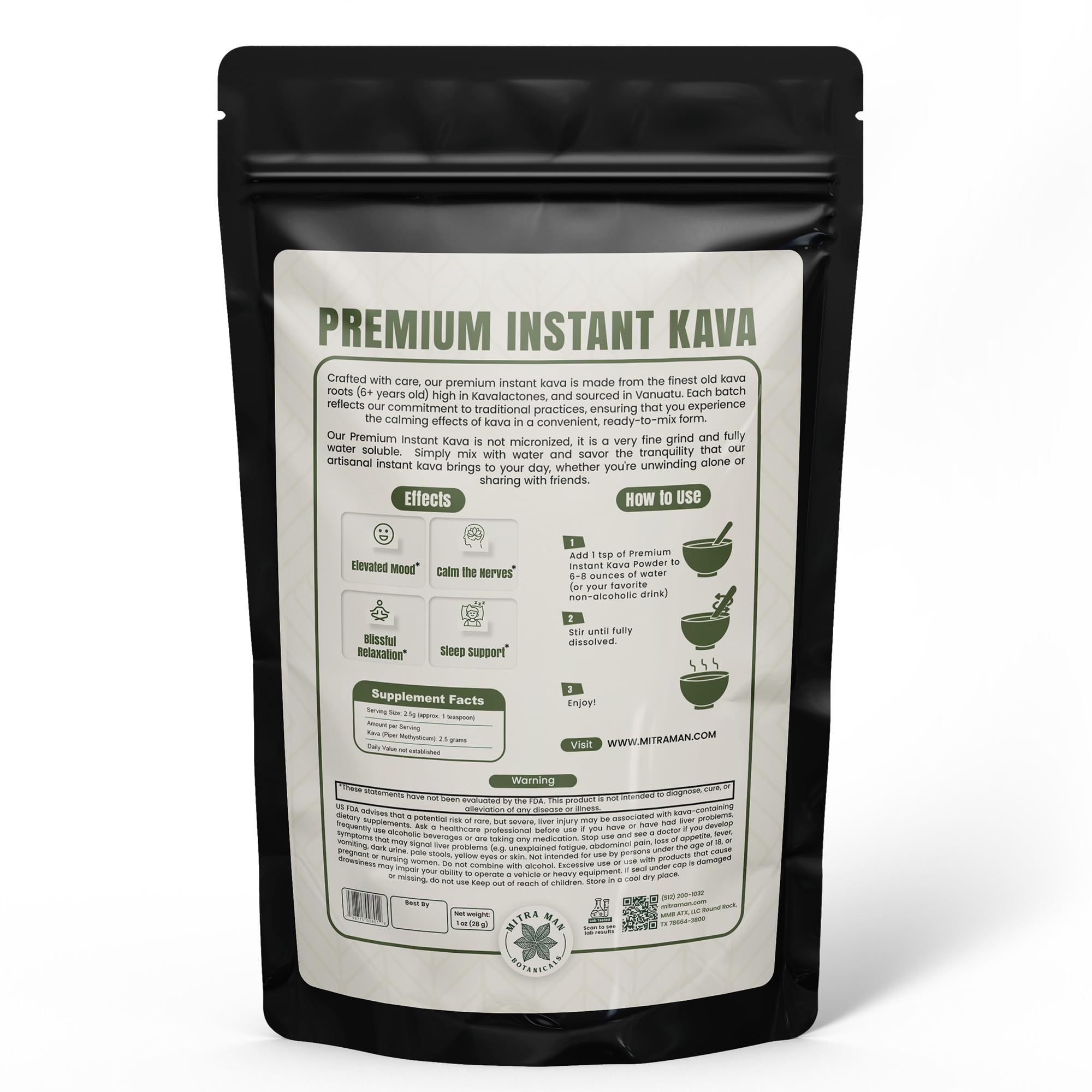 MITRAMAN BOTANICALS Instant Kava dissolving in water for easy relaxation.