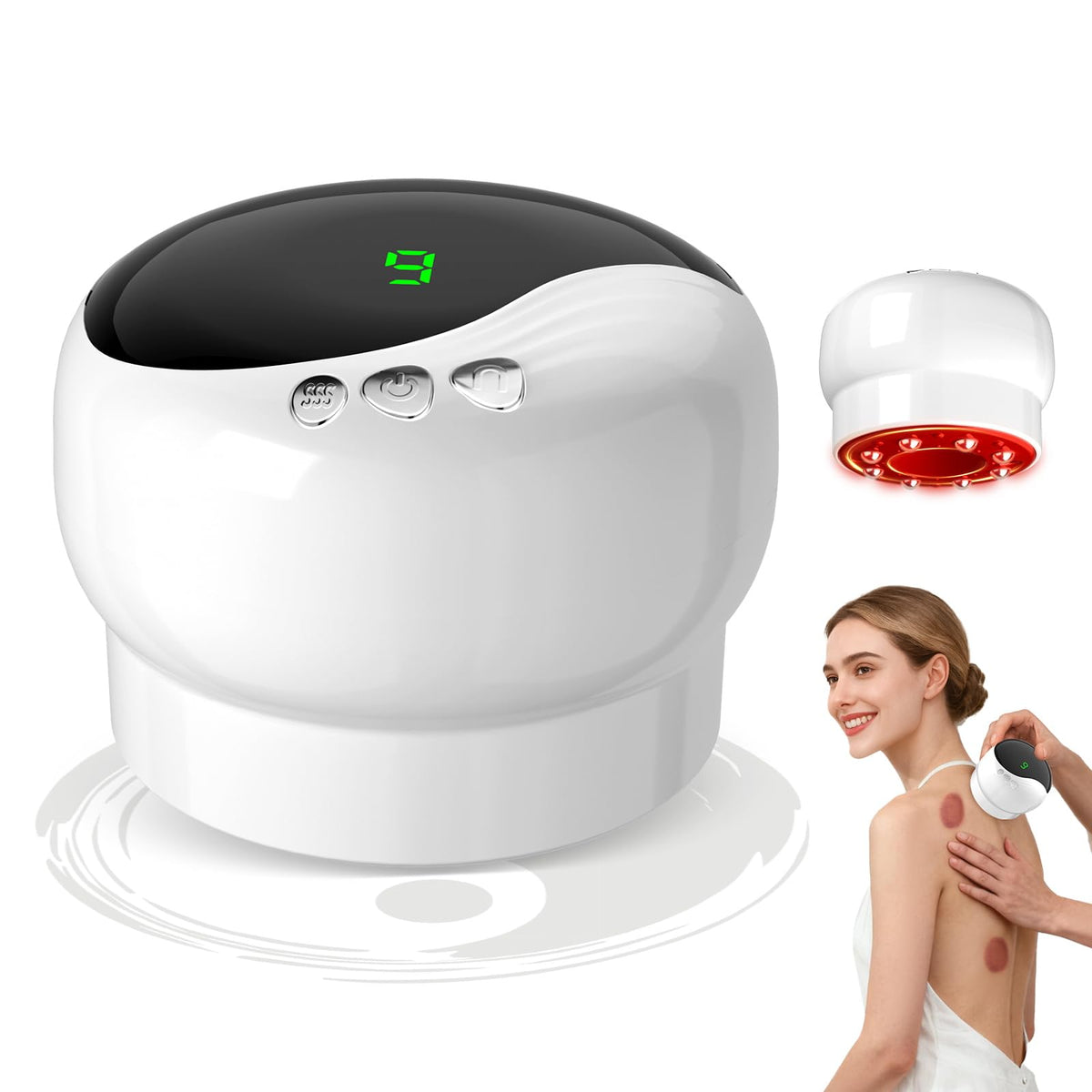 Miula Lymphatic Drainage Massager showing 9-level heat and red light therapy