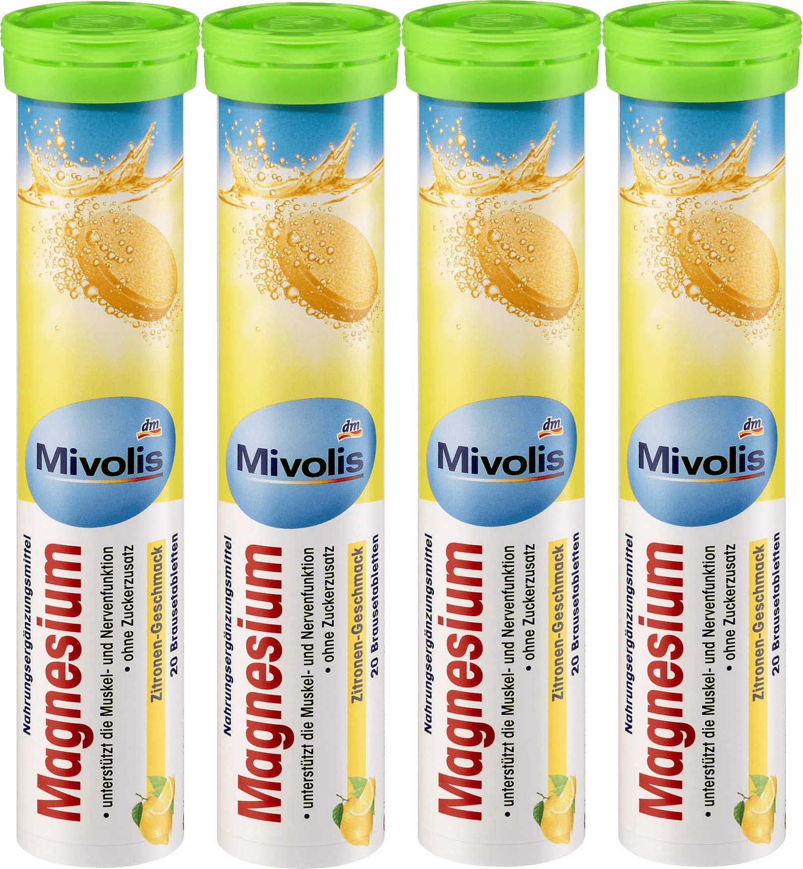 Mivolis Magnesium effervescent lemon tablets dissolving in water for a refreshing drink.