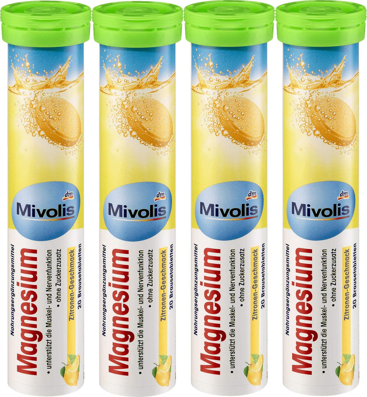 Mivolis Magnesium effervescent lemon tablets dissolving in water for a refreshing drink.