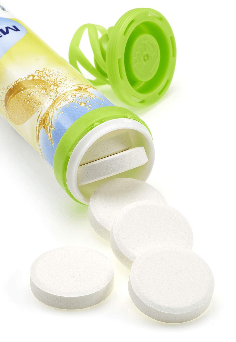 Mivolis magnesium effervescent tablets bottle close-up shows vegetarian ingredients for everyday use.