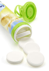 Mivolis magnesium effervescent tablets bottle close-up shows vegetarian ingredients for everyday use.