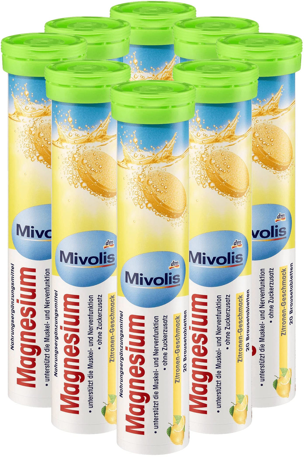 Mivolis magnesium effervescent tablets lemon flavor packaging highlights daily wellness.